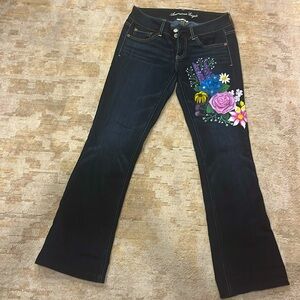 American Eagle custom hand painted dark wash stretch low rise “artist” size 4